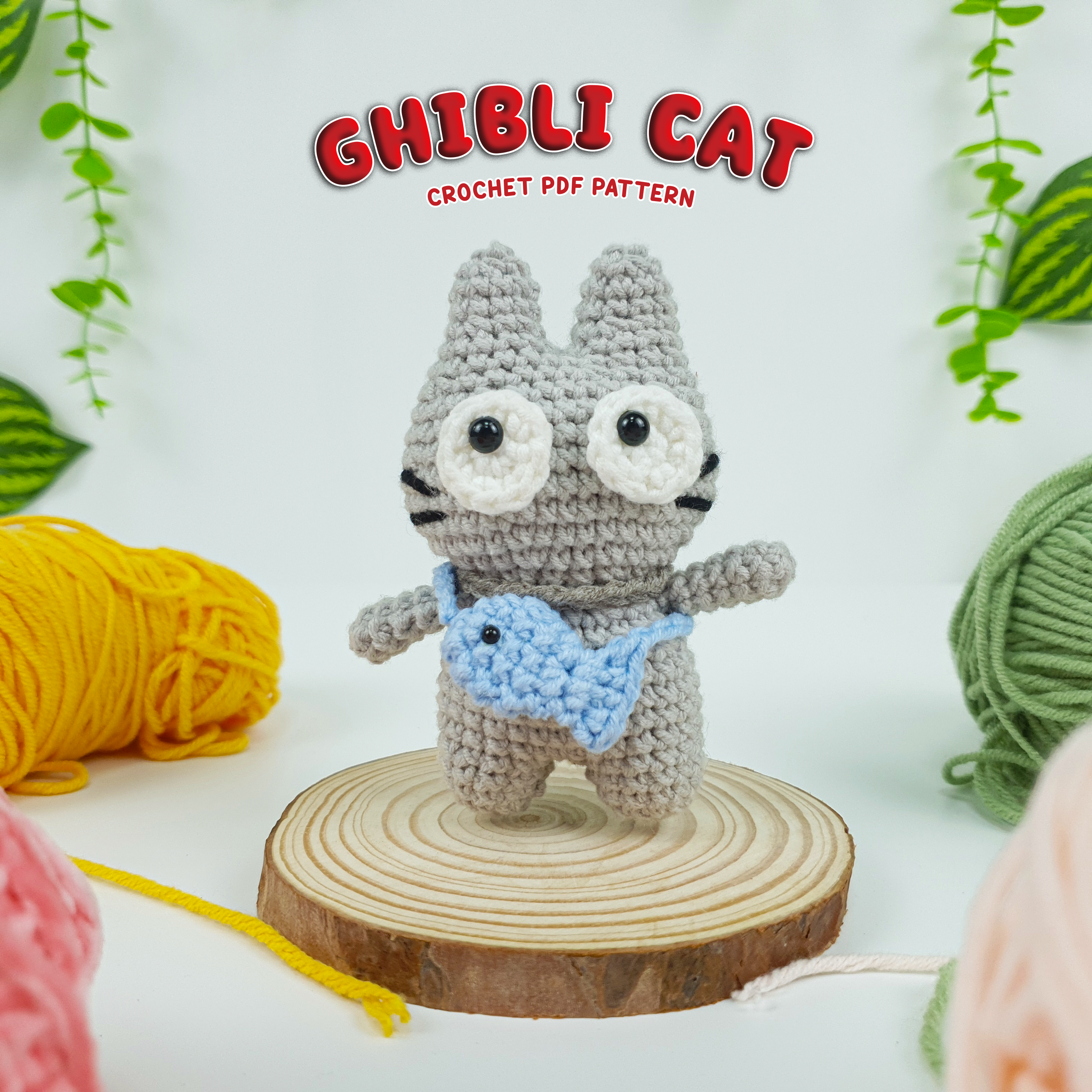 Grey Cat Crochet Pattern PDF, Cute Spirit Cat with Fish Bag Amigurumi Tutorial