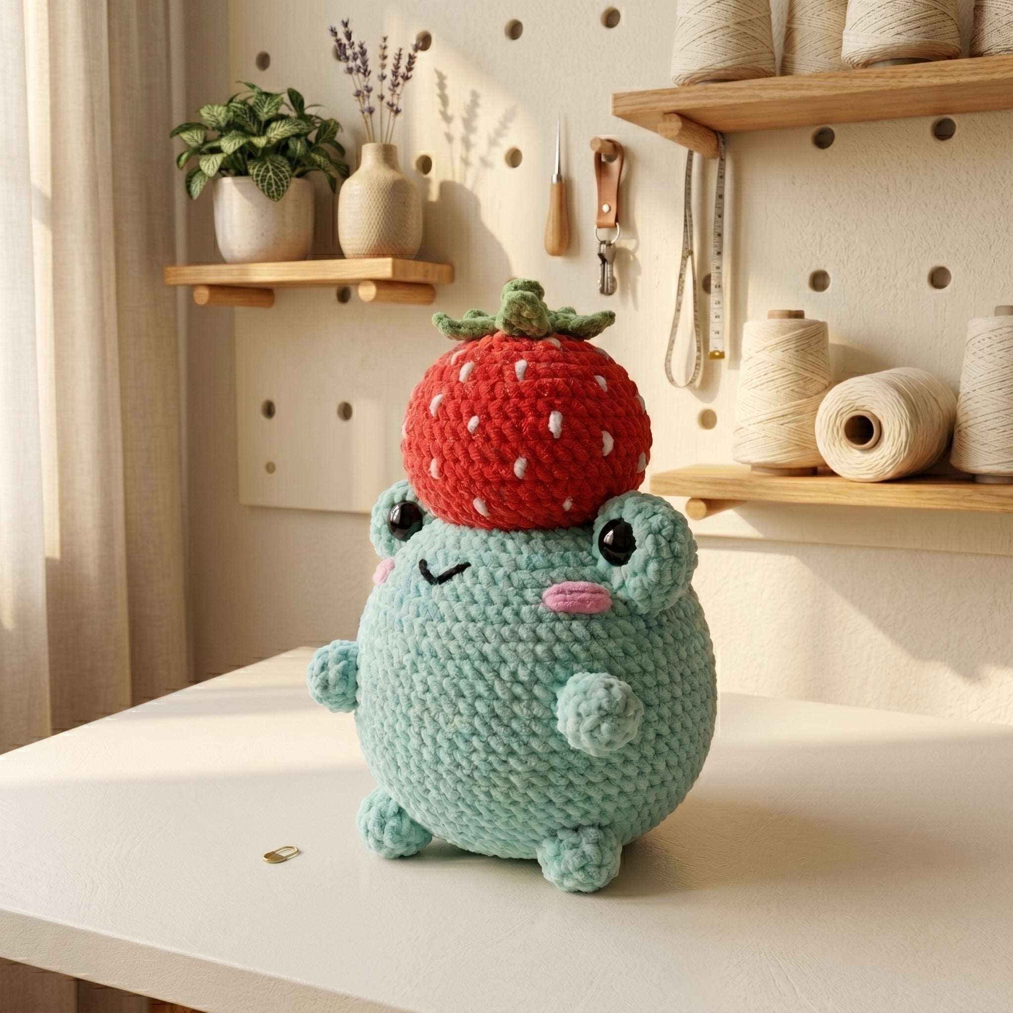 Frog Crochet Pattern, Cute Frog Wearing Strawberry Hat Amigurumi Tutorial