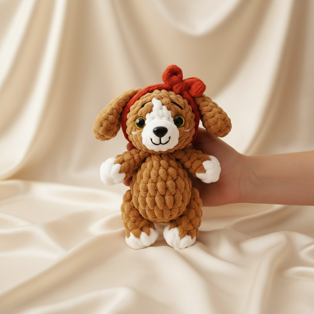 Puppy Crochet Pattern, Cute Brown Puppy Crochet Pattern with Red Bow Headband, Amigurumi Dog PDF Tutorial, Plush Stuffed Animal Toy, Beginner Friendly DIY Gift
