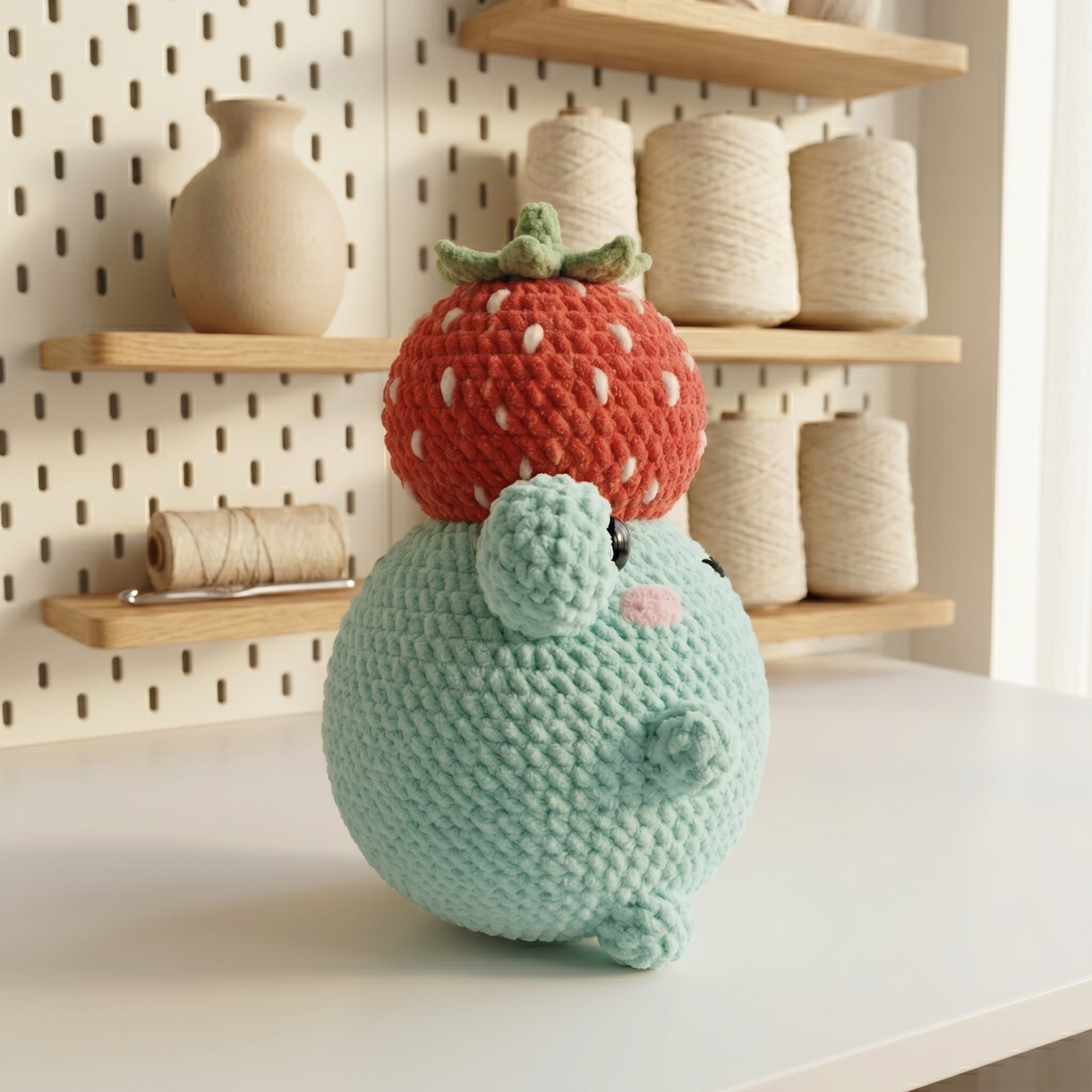Frog Crochet Pattern, Cute Frog Wearing Strawberry Hat Amigurumi Tutorial