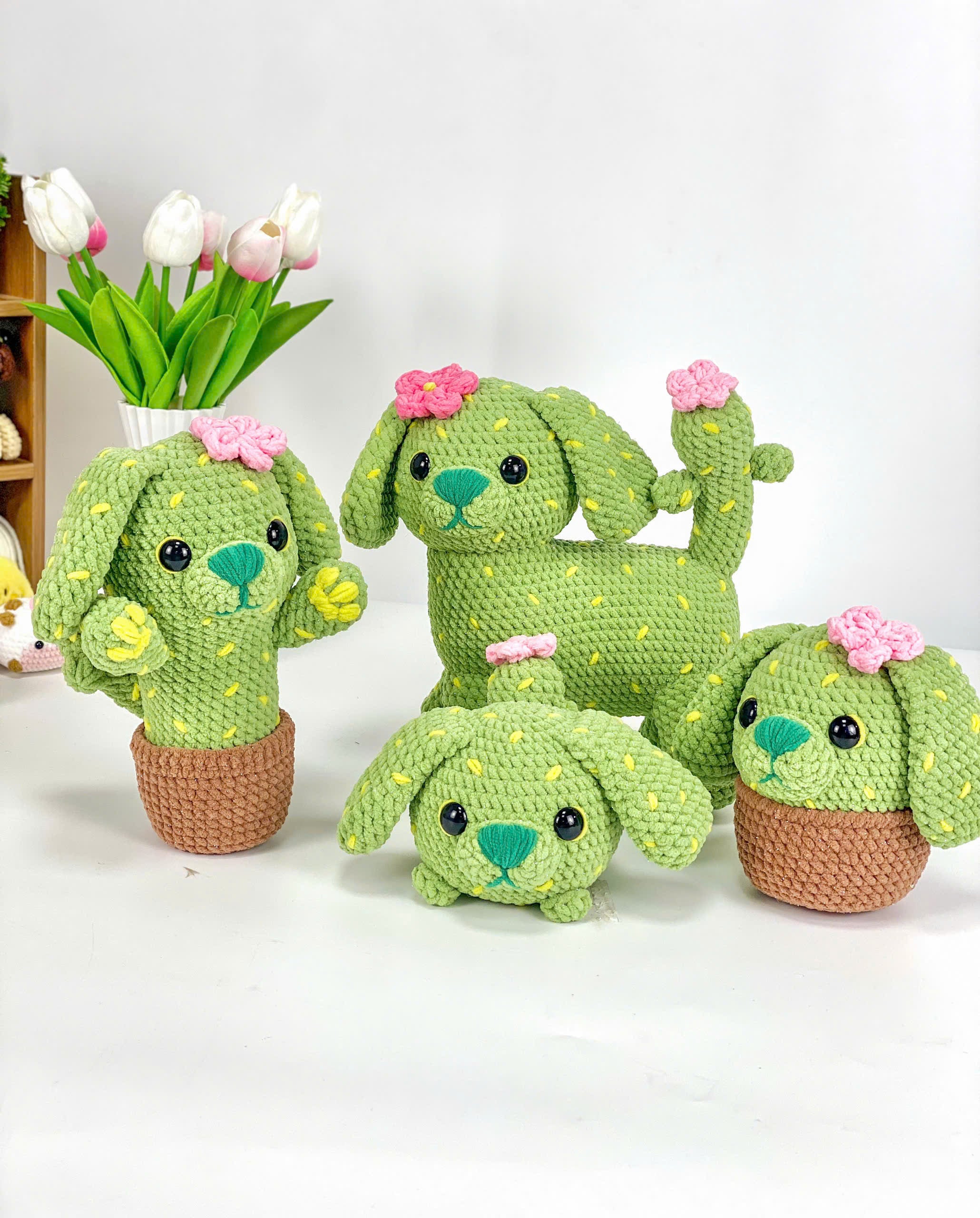 Cactus Dog Crochet Pattern Bundle 4 in 1, Amigurumi Cactus Dog Plush Toy, Crochet Dog with Flowers