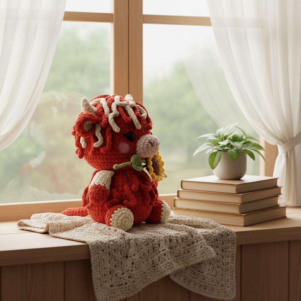 Highland Cow Crochet Pattern PDF, Cute Cow Amigurumi with Sunflower, Beginner Farm Animal Crochet Pattern