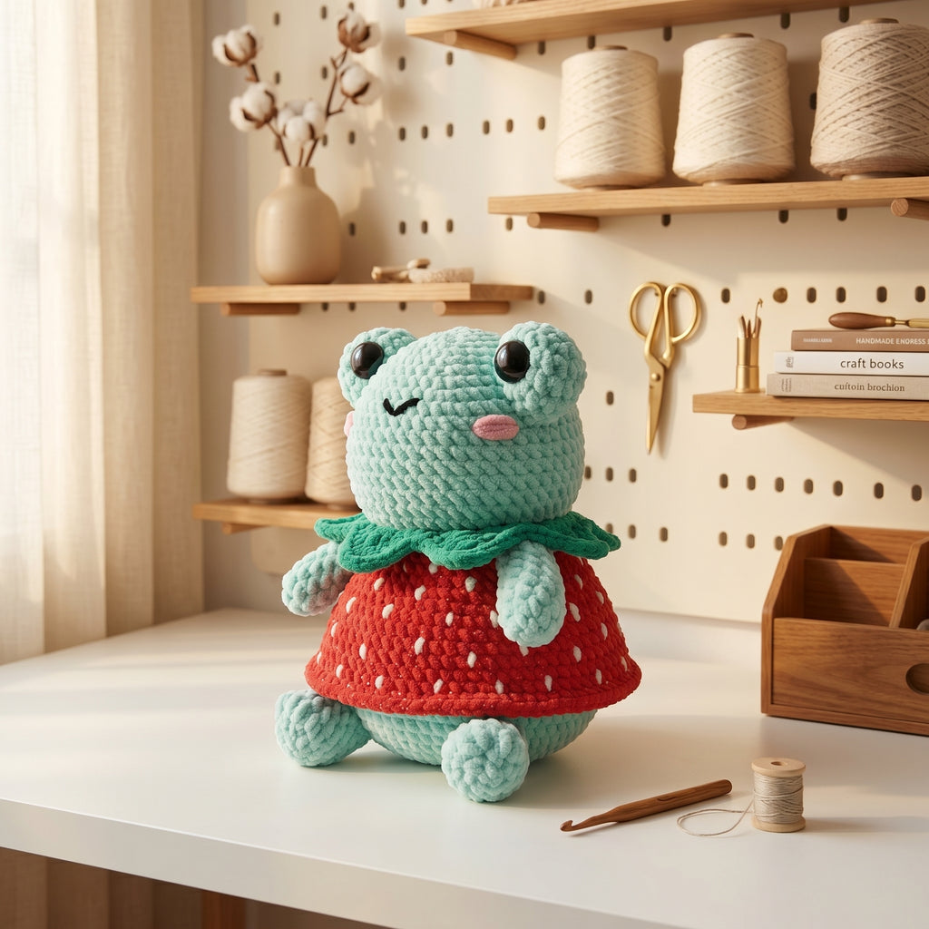Frog Crochet Pattern, Cute Frog in Strawberry Dress Amigurumi Tutorial