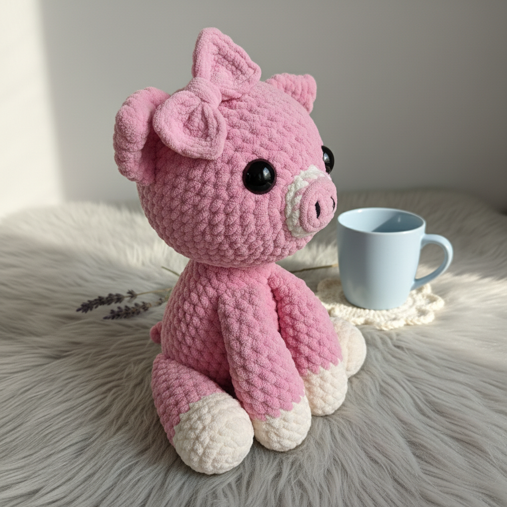 Pig Crochet Pattern PDF – Cute Amigurumi Pig with Bow, Plush Pig Toy Pattern