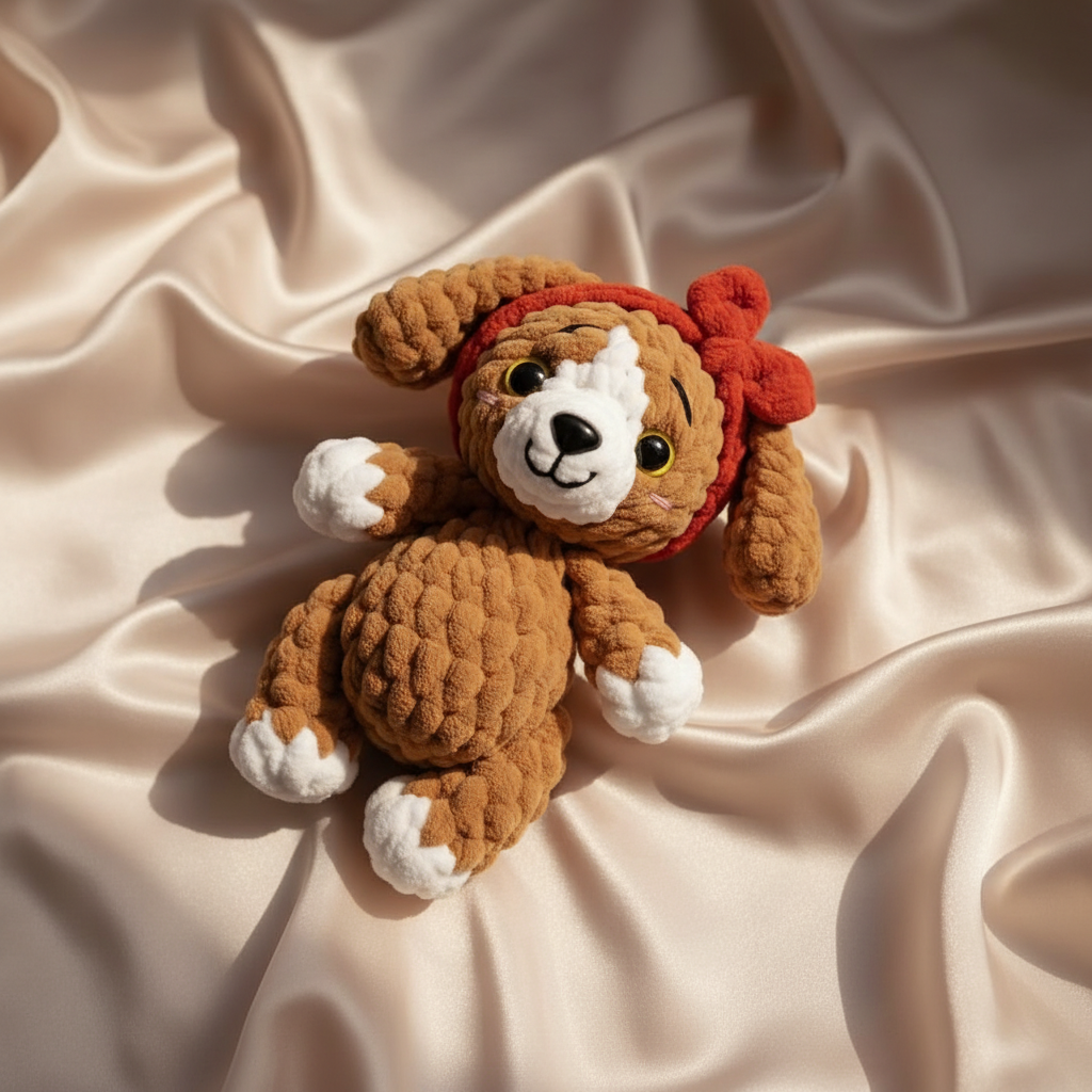 Puppy Crochet Pattern, Cute Brown Puppy Crochet Pattern with Red Bow Headband, Amigurumi Dog PDF Tutorial, Plush Stuffed Animal Toy, Beginner Friendly DIY Gift