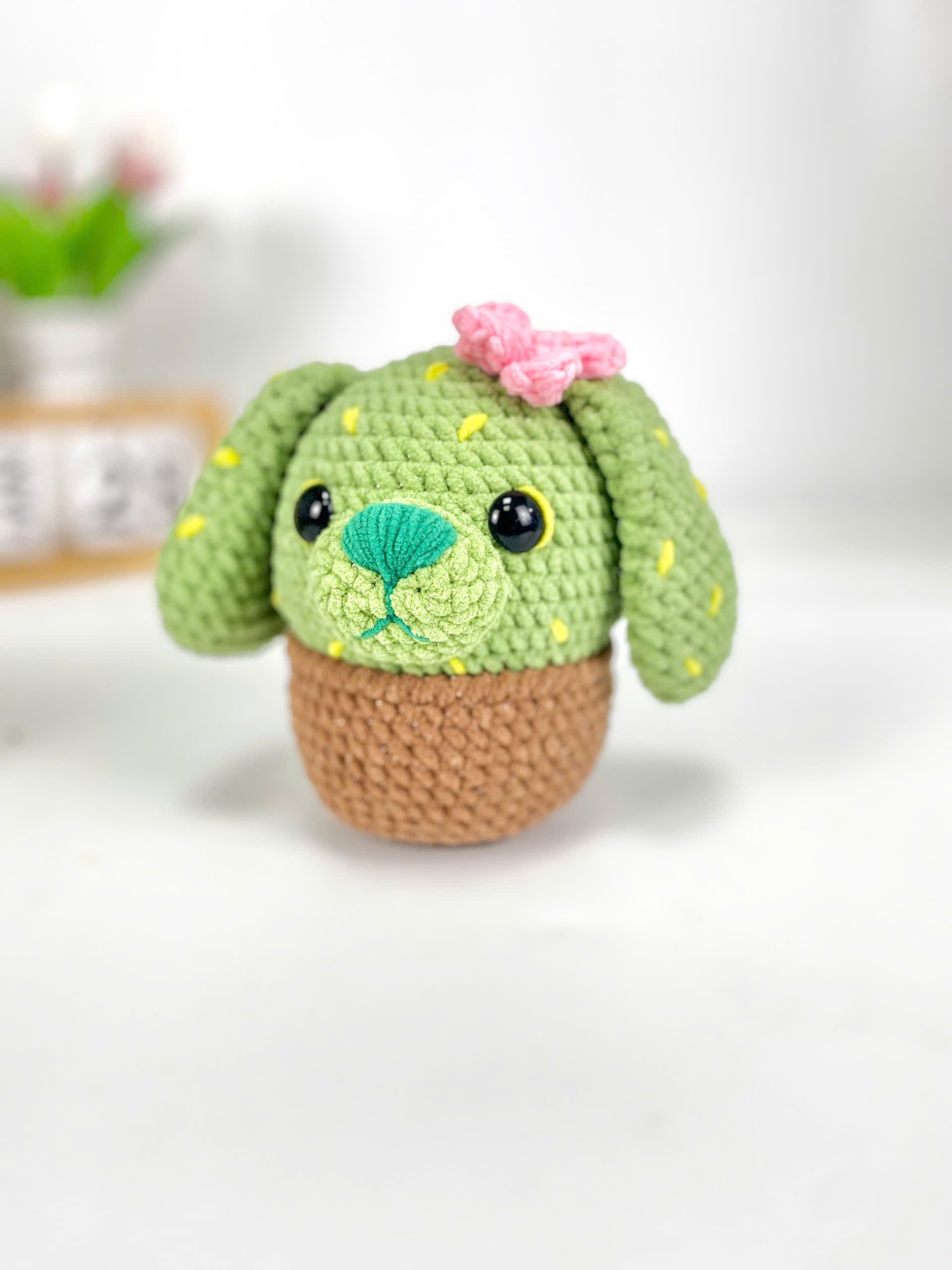 Green Cactus Dog Crochet Pattern, Amigurumi Cactus Dog Plush Toy, Crochet Dog with Flowers