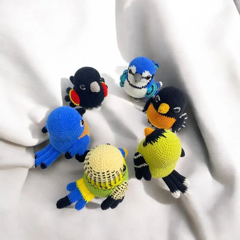 Crochet Bird Plushie Patterns: Cardinal, Bluebird, Goldfinch (PDF)