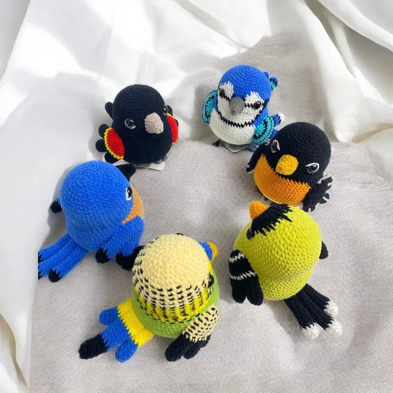 Crochet Bird Plushie Patterns: Cardinal, Bluebird, Goldfinch (PDF)