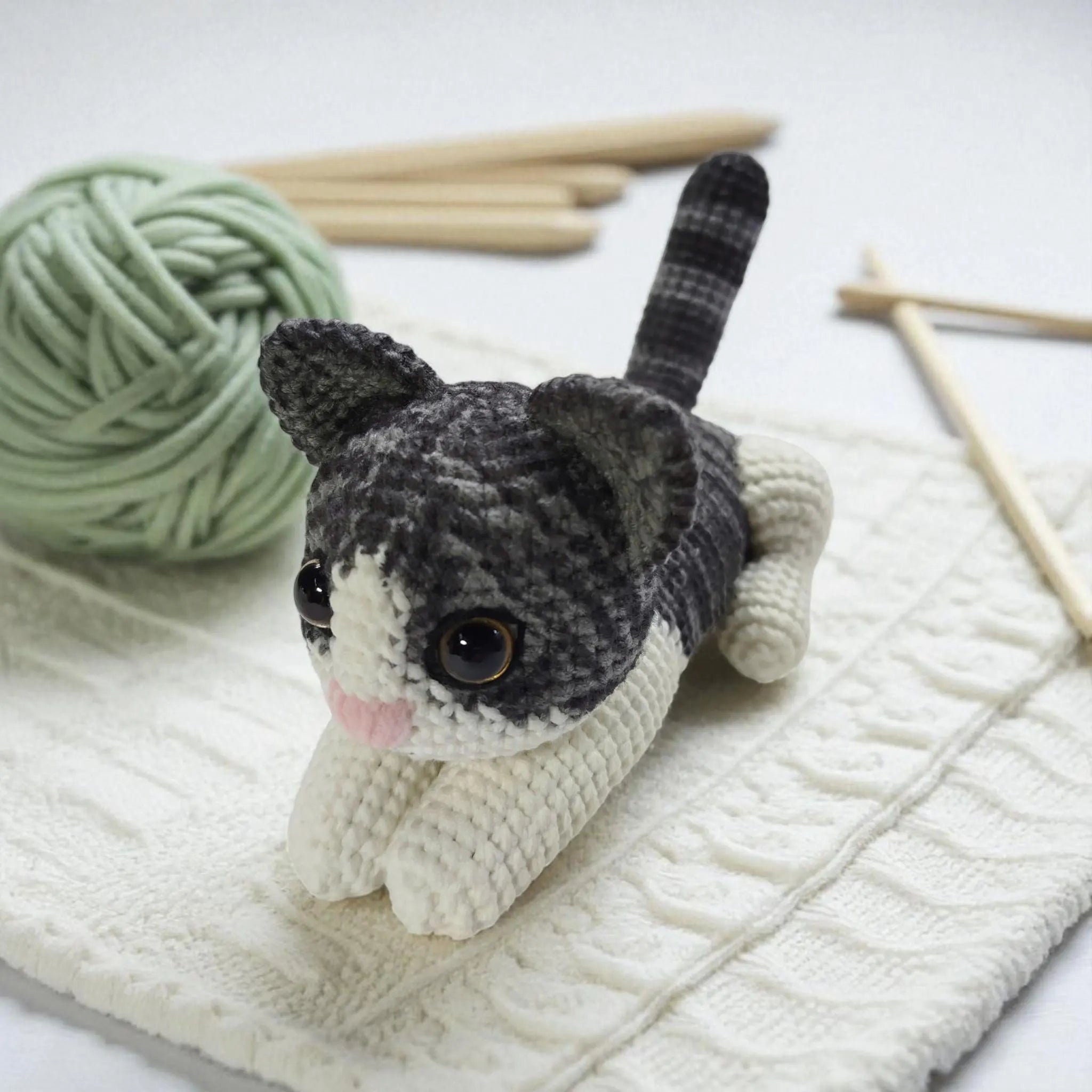 Striped Cat Crochet Pattern – Amigurumi Kitten Plush Toy PDF, Cute Gray White Cat, Easy Crochet Animal Pattern for Beginners