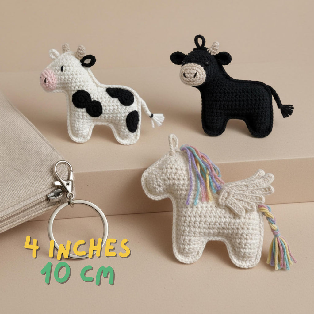 Amigurumi Animal Keychain Crochet Pattern, Cow, Bull, Pegasus (PDF Pattern)