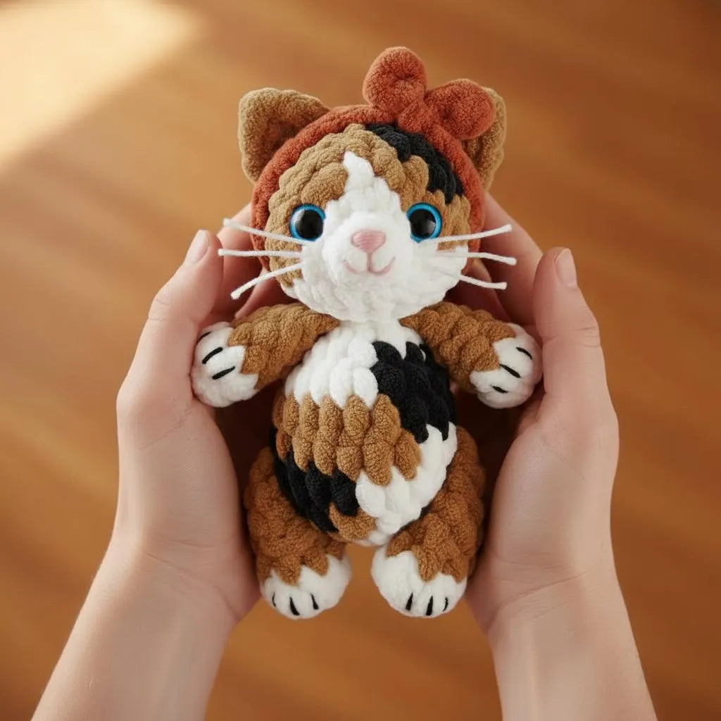 Calico Cat Amigurumi Crochet Pattern, Plush Toy with Bow (PDF Pattern)