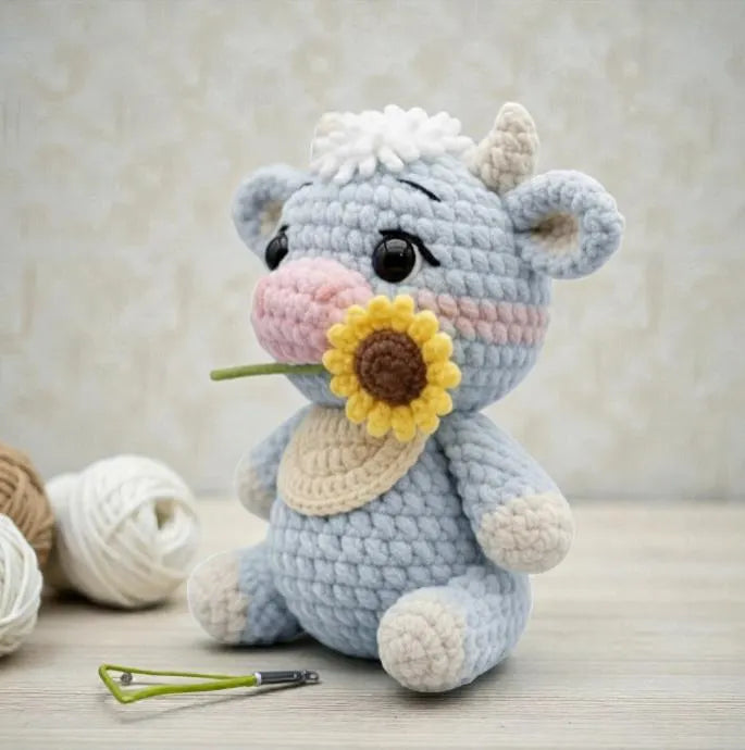 Cow Holding Sunflower Amigurumi Crochet Pattern, Beginner Friendly (PDF Pattern, 5 Languages)