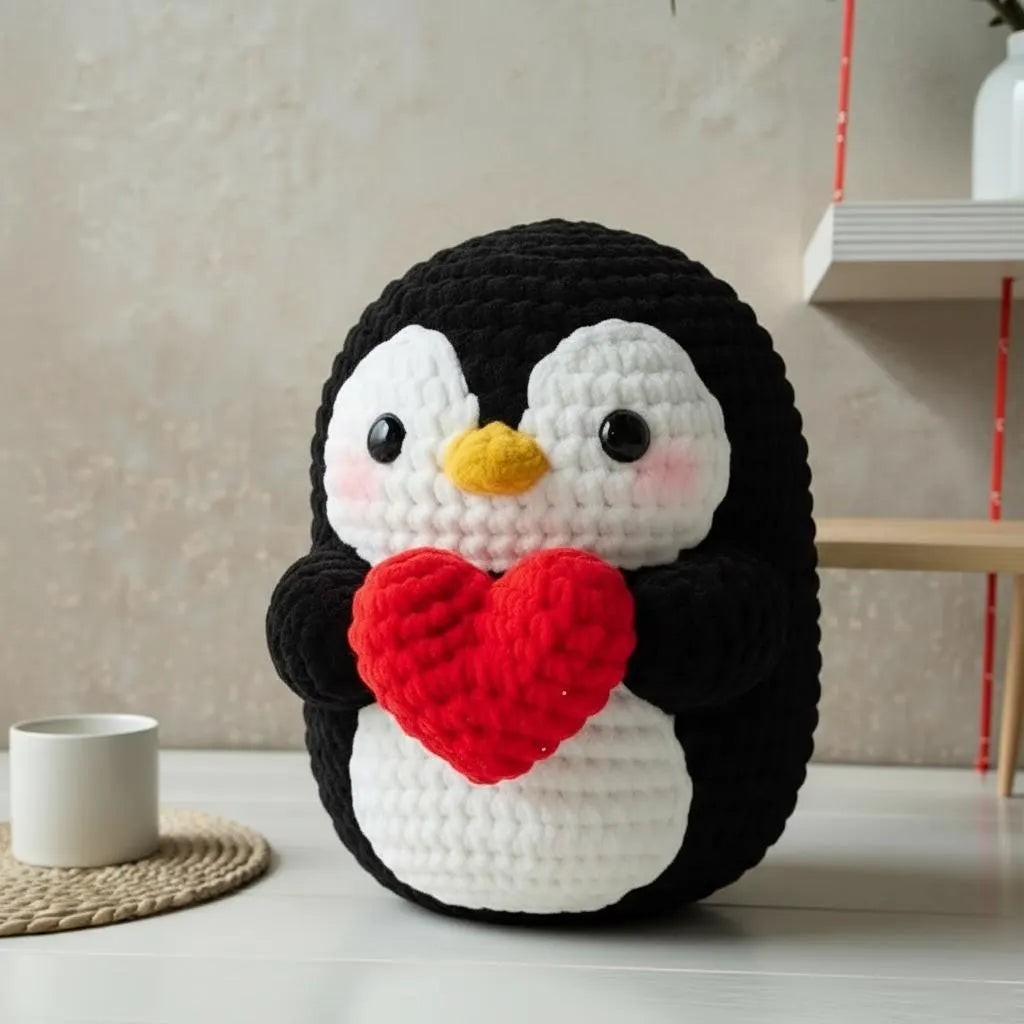 Valentine Penguin Crochet Pattern, Heart Amigurumi, 5 Languages Pattern PDF