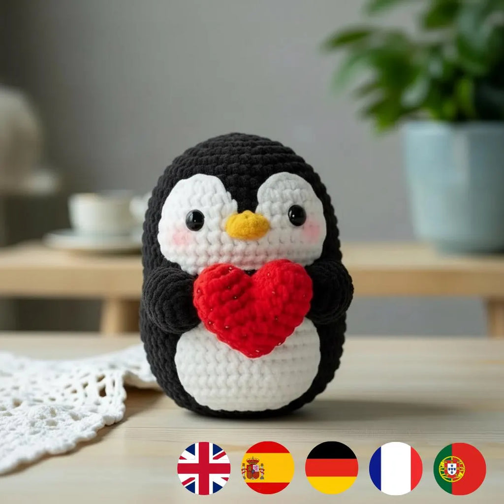 Valentine Penguin Crochet Pattern, Heart Amigurumi, 5 Languages Pattern PDF