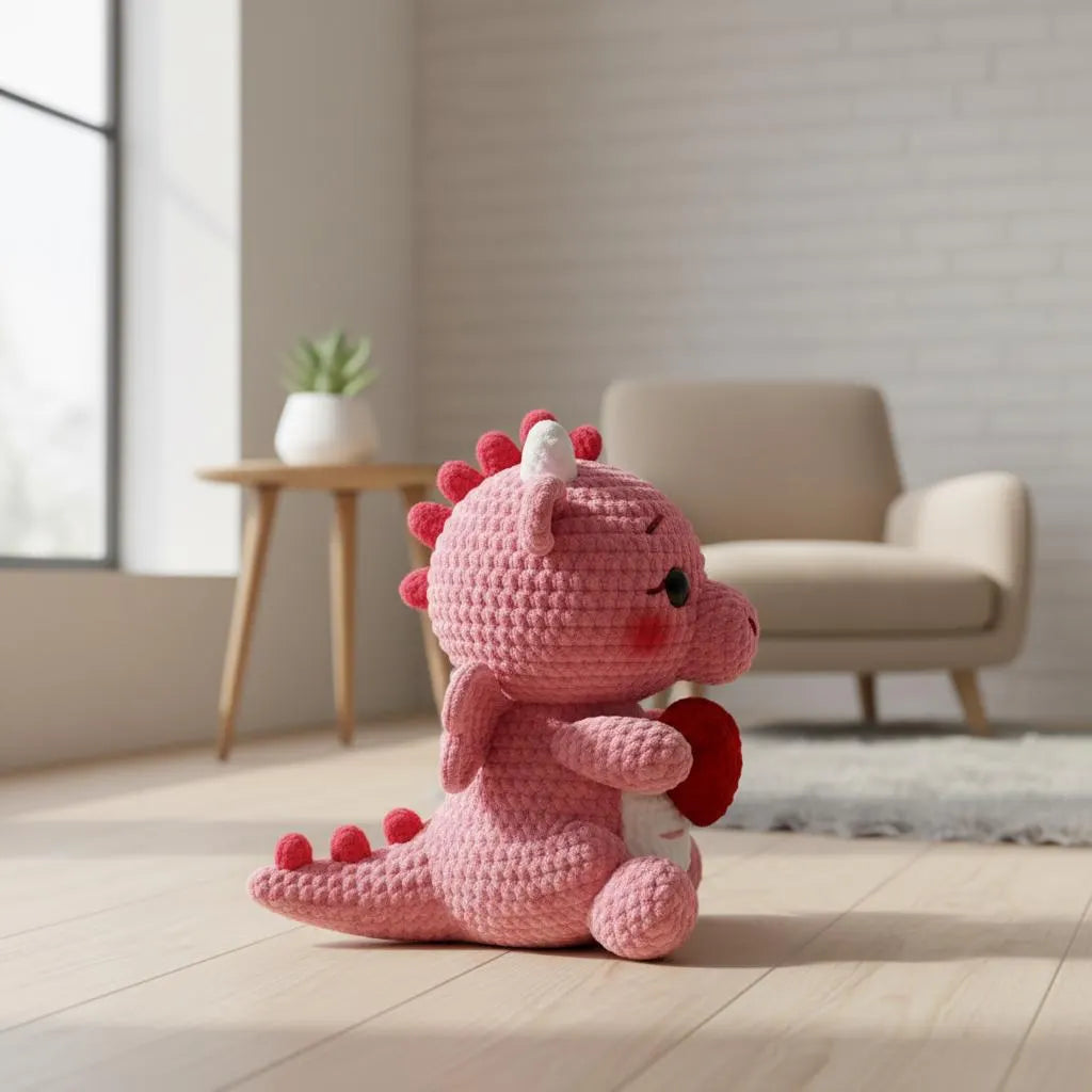 Amigurumi Crochet Pattern, Pink Dragon with Heart, Valentine Plush Toy (PDF Pattern)