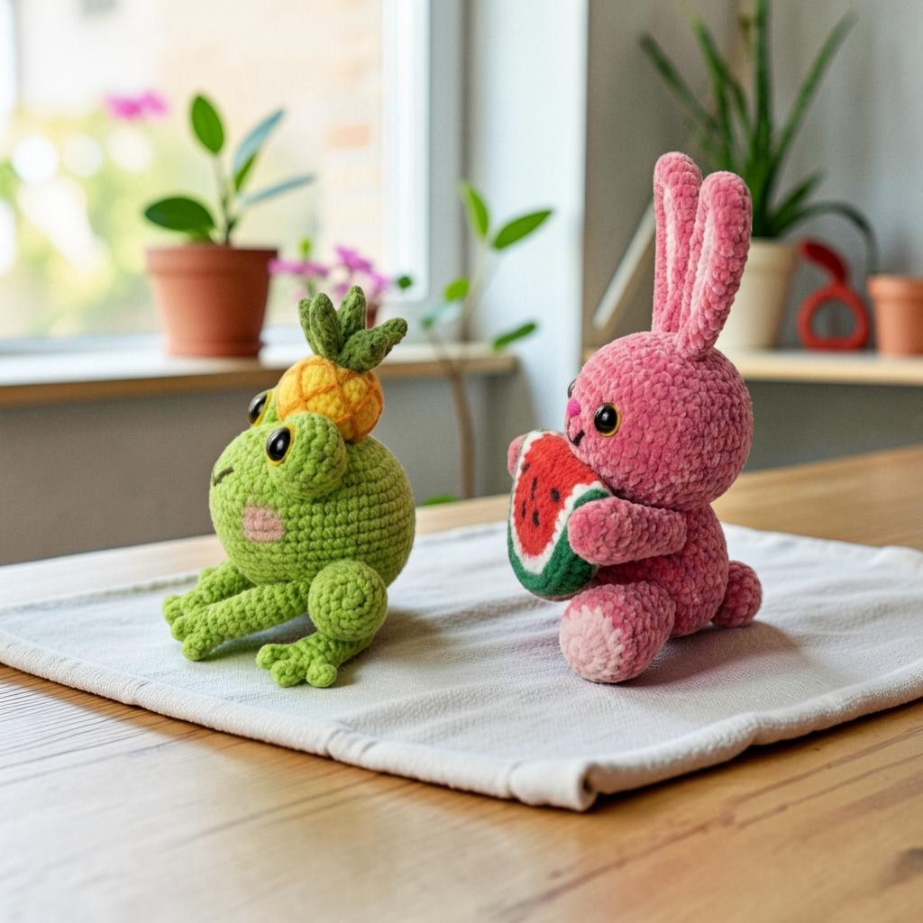 Animal Crochet Pattern Bundle, Frog and Bunny Amigurumi, Cute Kawaii Plush Set with Fruit Theme
