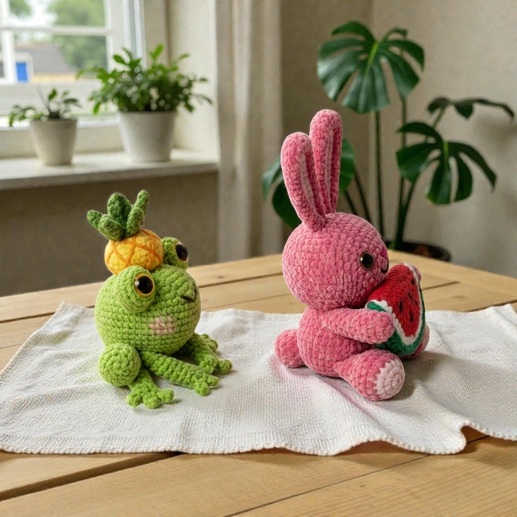 Animal Crochet Pattern Bundle, Frog and Bunny Amigurumi, Cute Kawaii Plush Set with Fruit Theme