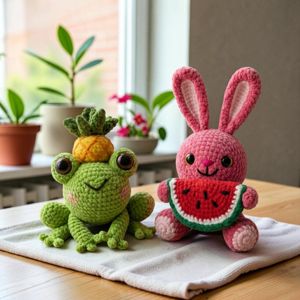 Animal Crochet Pattern Bundle, Frog and Bunny Amigurumi, Cute Kawaii Plush Set with Fruit Theme