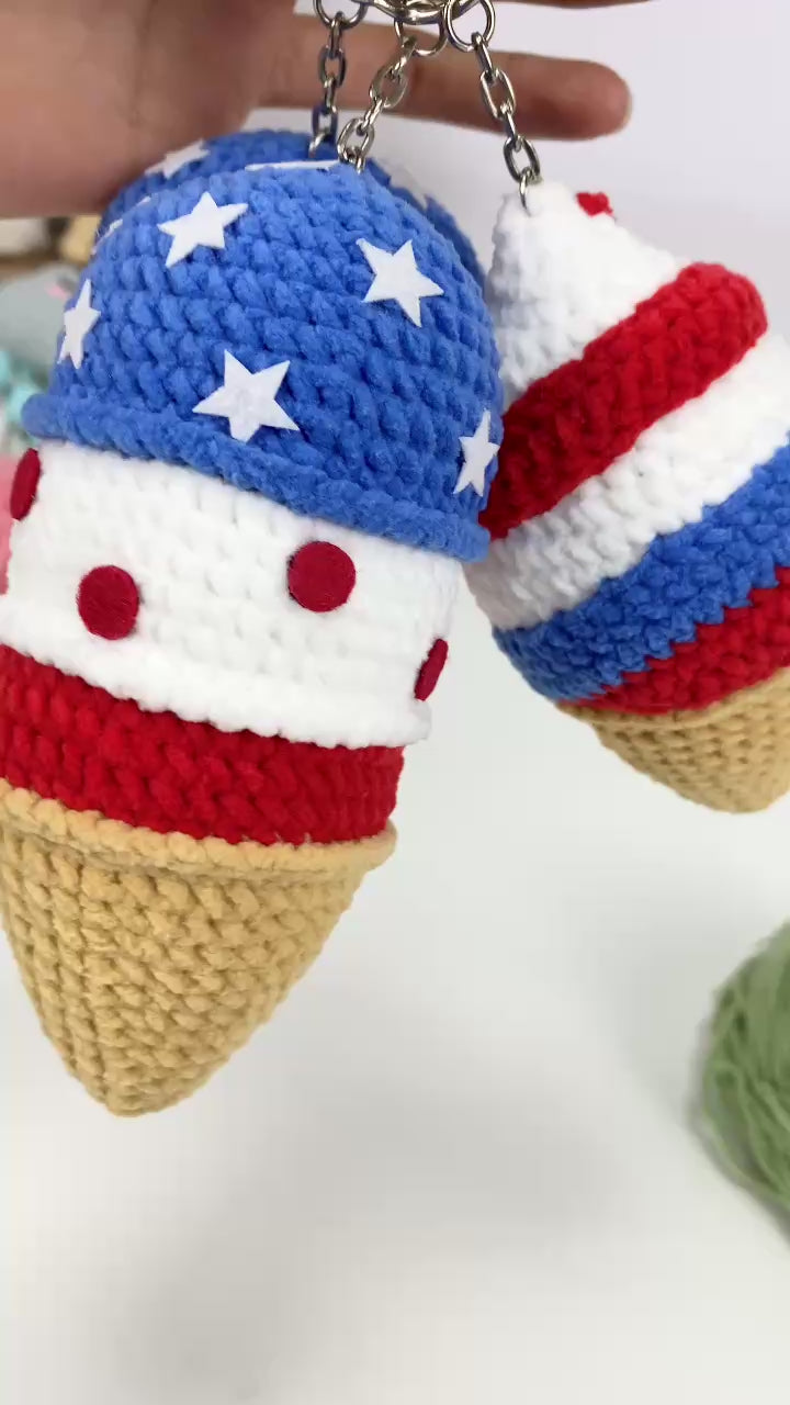 Patriotic Ice Cream Crochet Pattern: 4th of July Amigurumi Keychain (PDF Tutorial)