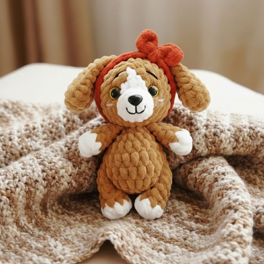 Puppy Crochet Pattern, Cute Brown Puppy Crochet Pattern with Red Bow Headband, Amigurumi Dog PDF Tutorial, Plush Stuffed Animal Toy, Beginner Friendly DIY Gift