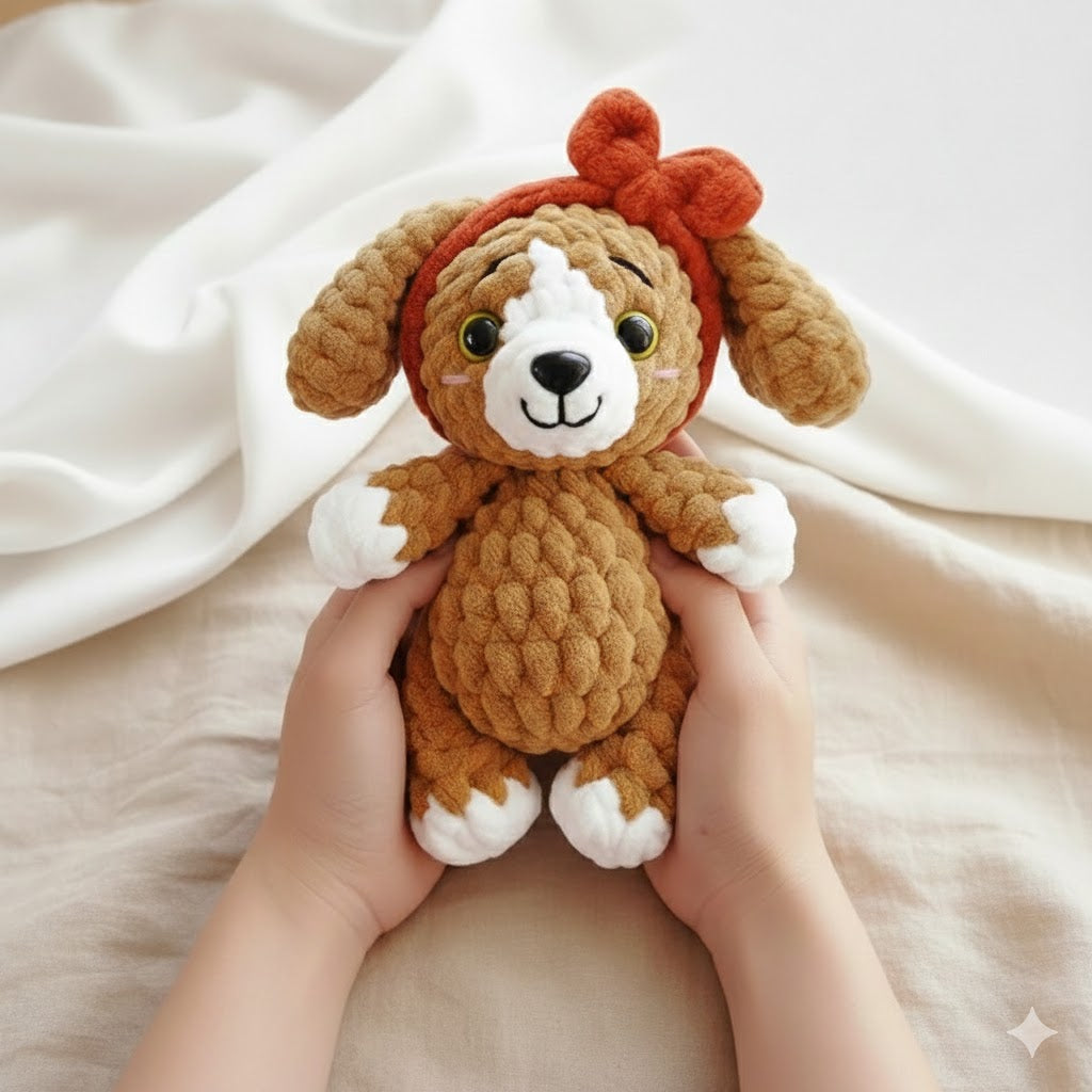 Puppy Crochet Pattern, Cute Brown Puppy Crochet Pattern with Red Bow Headband, Amigurumi Dog PDF Tutorial, Plush Stuffed Animal Toy, Beginner Friendly DIY Gift